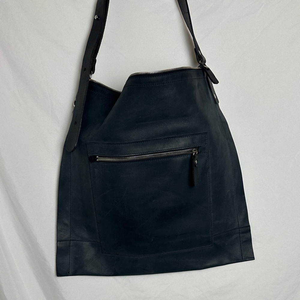 Black Leather Shoulder Bag with Pocket